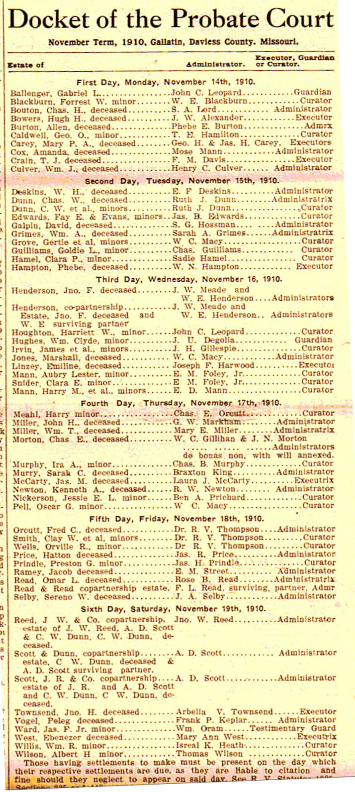 [Nov 1910 probate docket]